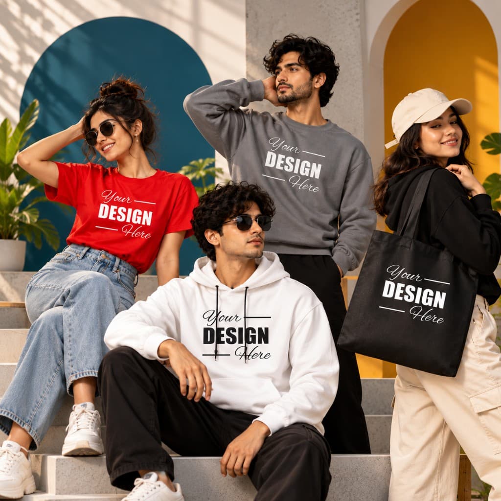 Studio lookbook for custom printed tees and tote bags